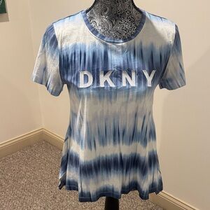 DKNY Women's Blue and White Tie-Dye Tee